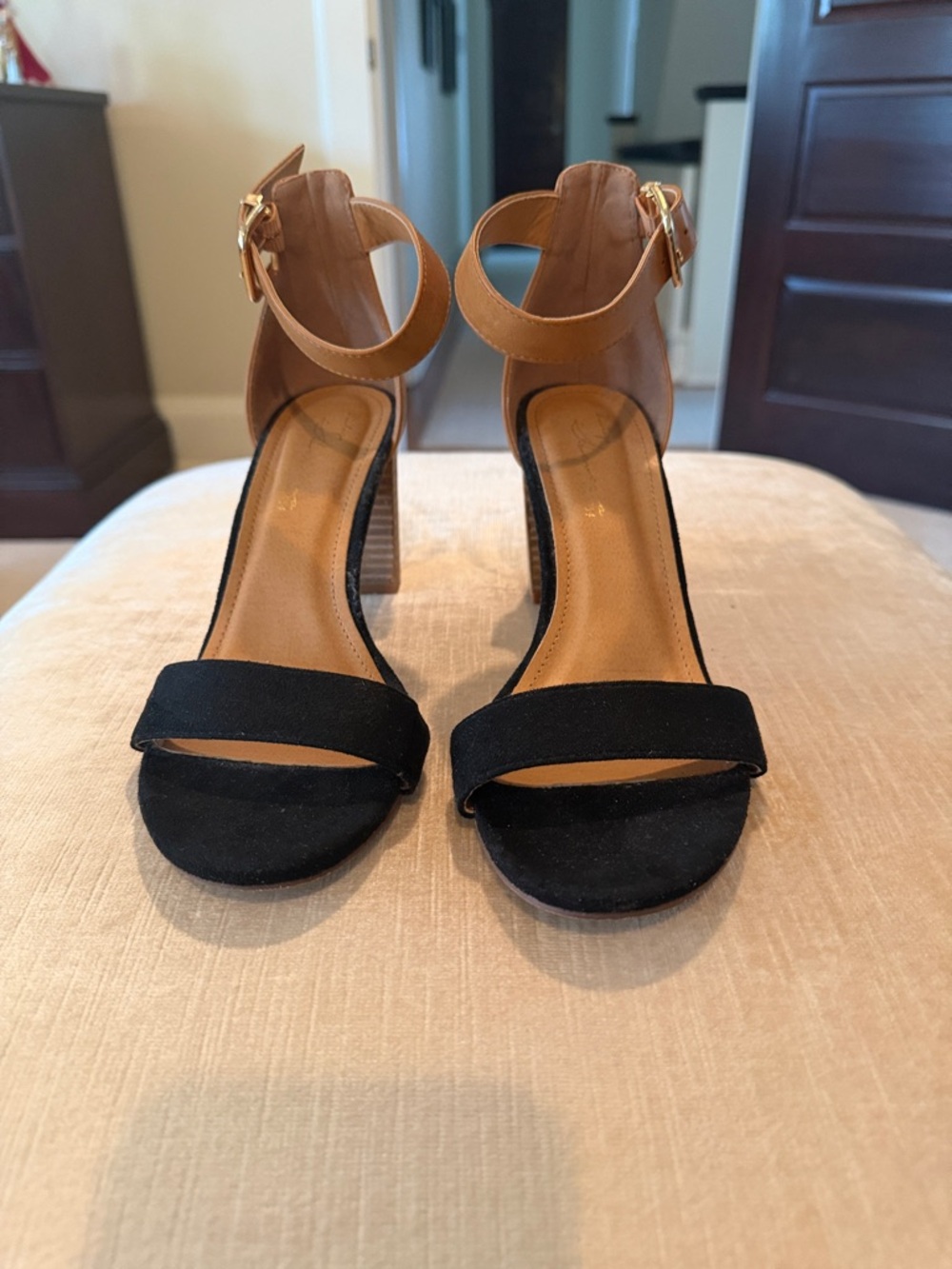 Women's Vintage Havana  Black suede and Tan Ankle Strap Block Heel Sandals
